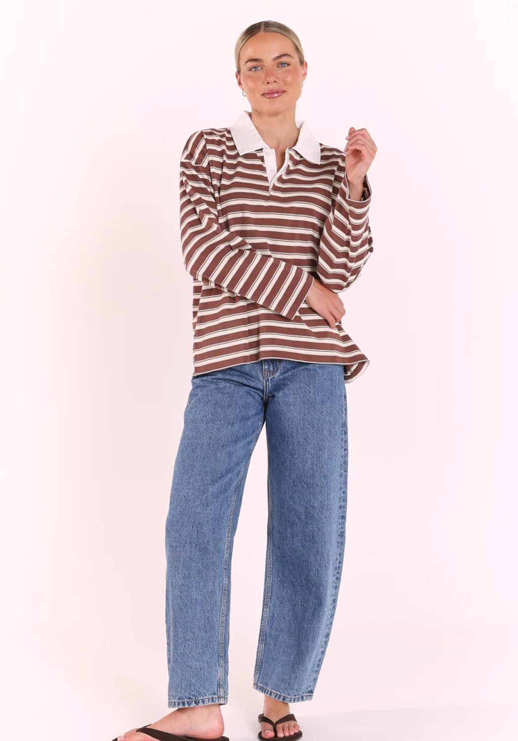 FEATHER + NOISE FINN LONG SLEEVE RUGBY TOP - CHOC/CREAM STRPE