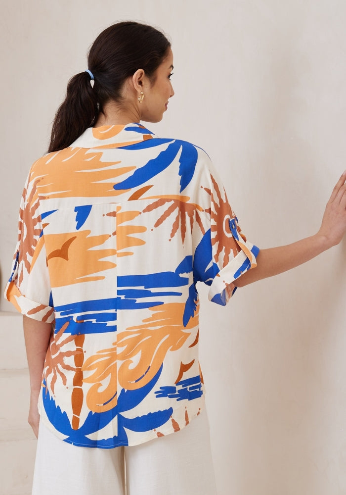 Load image into Gallery viewer, DELILAH BUTTON UP SHIRT - BEIGE &amp; COBALT PRINT