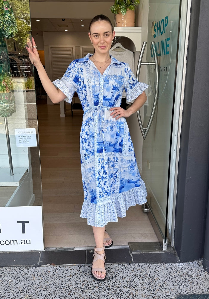 Load image into Gallery viewer, CARLA MIDI DRESS - BLUE PRINT