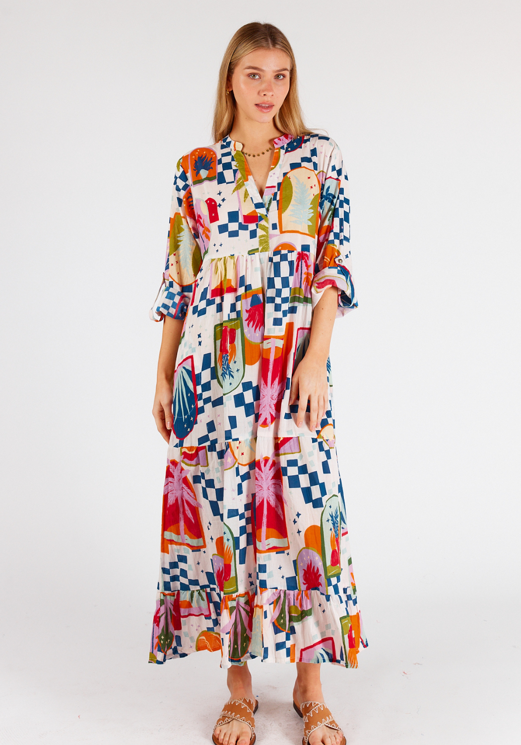 LULALIFE MELODY COTTON MIDI DRESS - MULTI PRINT