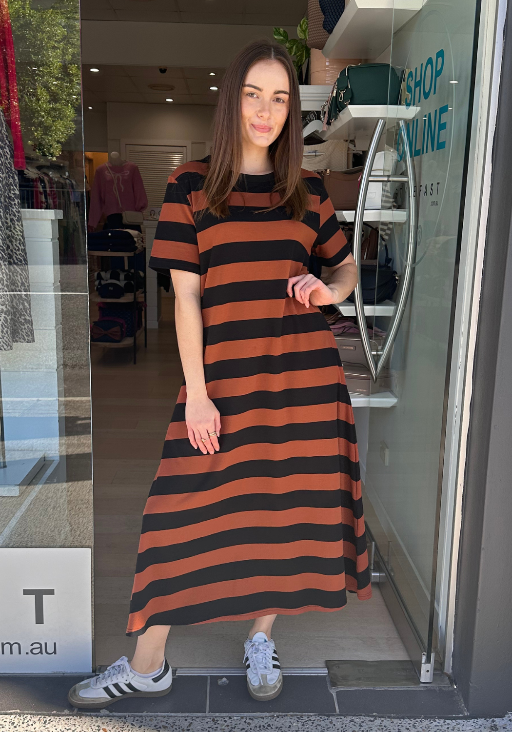 CARA COTTON JERSEY DRESS - TAN/BLACK STRIPE