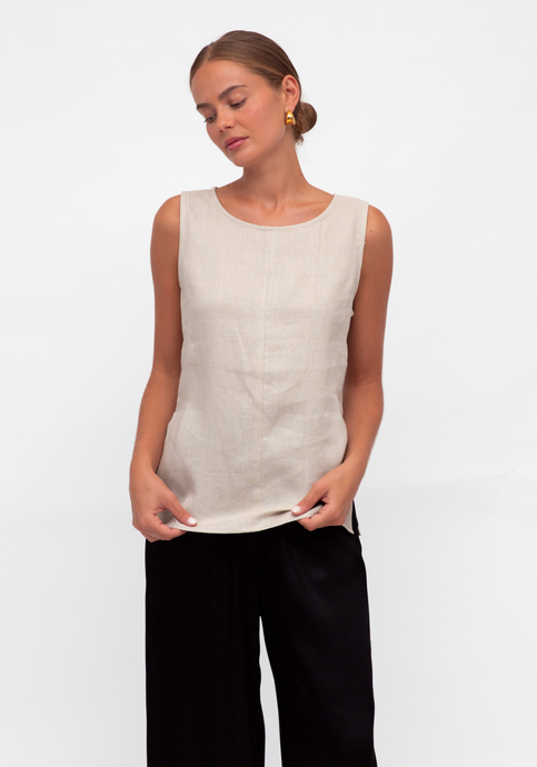 GIA FITTED LINEN TANK - OATMEAL