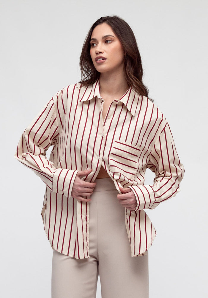 ZANA BUTTON THROUGH SHIRT - NATURAL AND BURGUNDY STRIPE