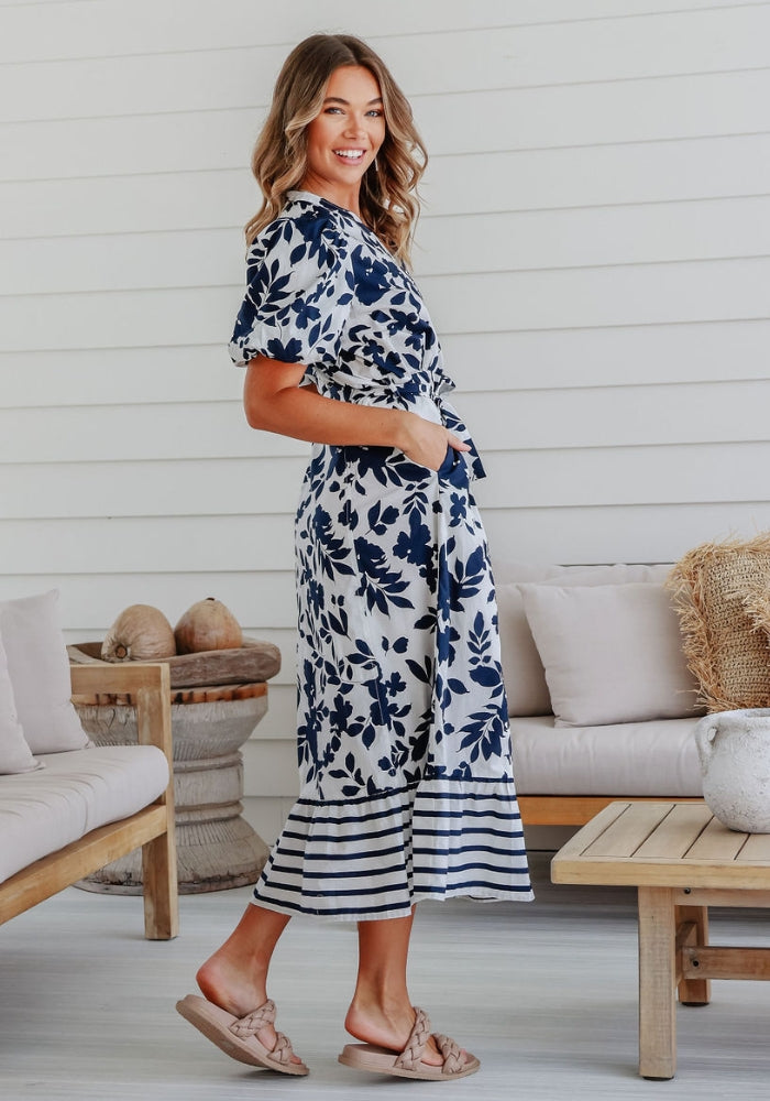 Load image into Gallery viewer, BELKIS BUTTON THROUGH MAXI DRESS - NAVY FLORAL
