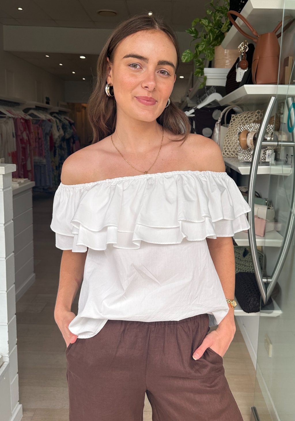 ADORNE SERENA POPLIN FRILL TOP - WHITE