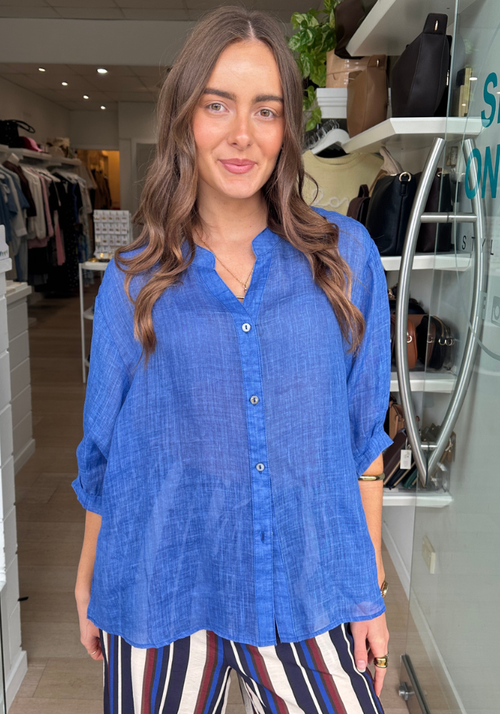 AURORA BUTTON THROUGH LINEN SHIRT - ROYAL BLUE
