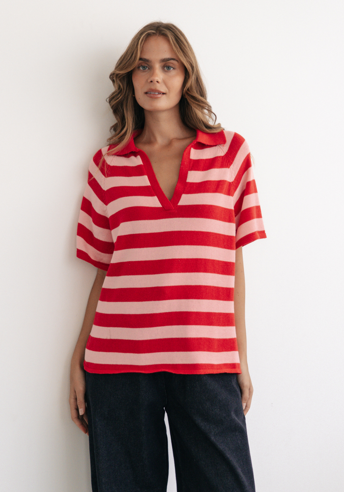 VICTORIA COLLARED KNIT - PINK & RED