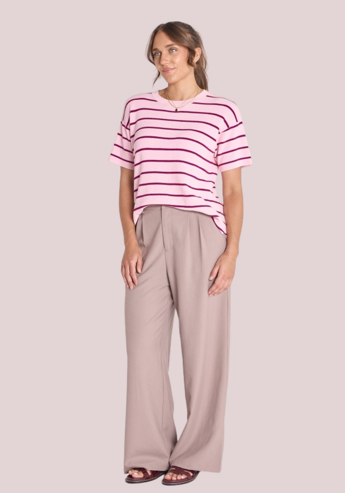 Load image into Gallery viewer, FEATHER + NOISE JASPER KNITTED TEE - PINK &amp; BURGUNDY