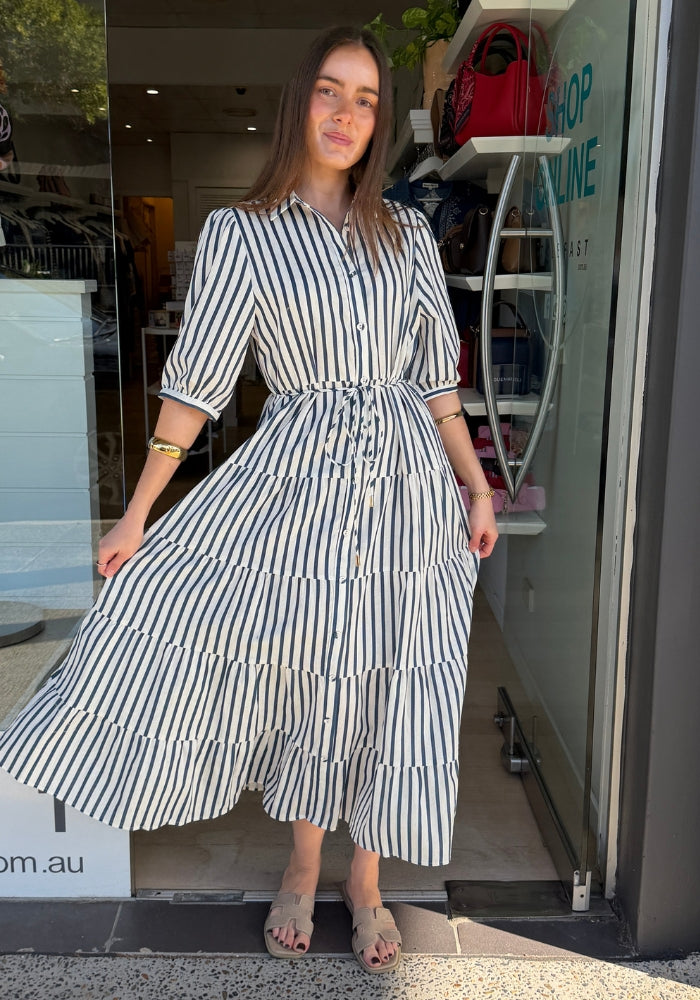 JANE LINEN DRESS - NAVY/WHITE PRINT
