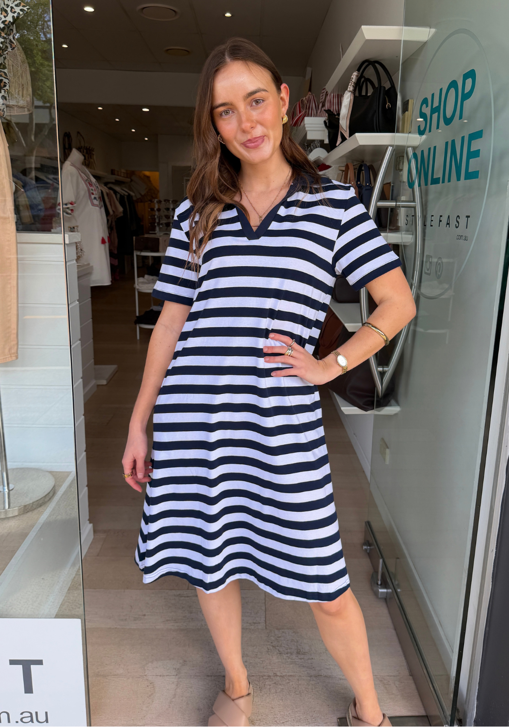 DOLLY COTTON POLO DRESS - NAVY/WHITE STRIPE
