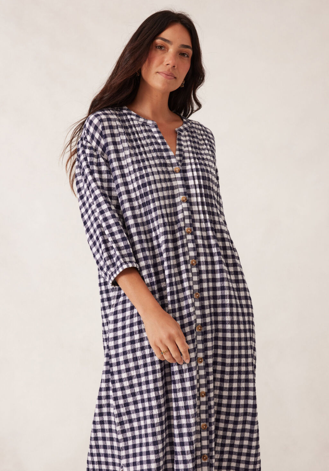 CERES LIFE CRINKLE MIDI DRESS - NAVY GINGHAM