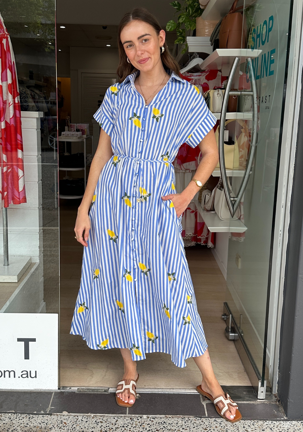 BONNIE BUTTON THROUGH MAXI DRESS - BLUE STRIPE/LEMON