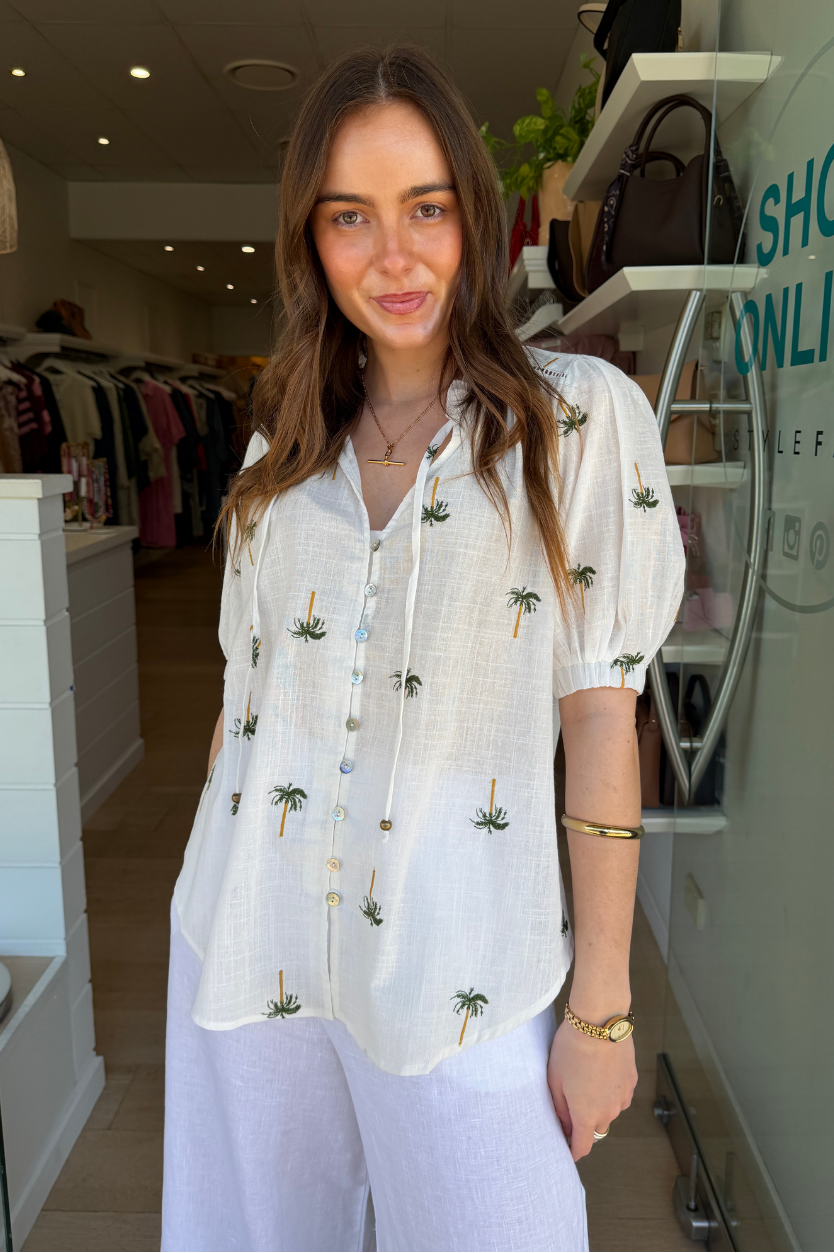 HALLIE BLOUSE - EMBROIDERY PALM PRINT