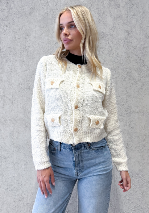 SADIE BOUCLE KNIT CARDIGAN - CREAM