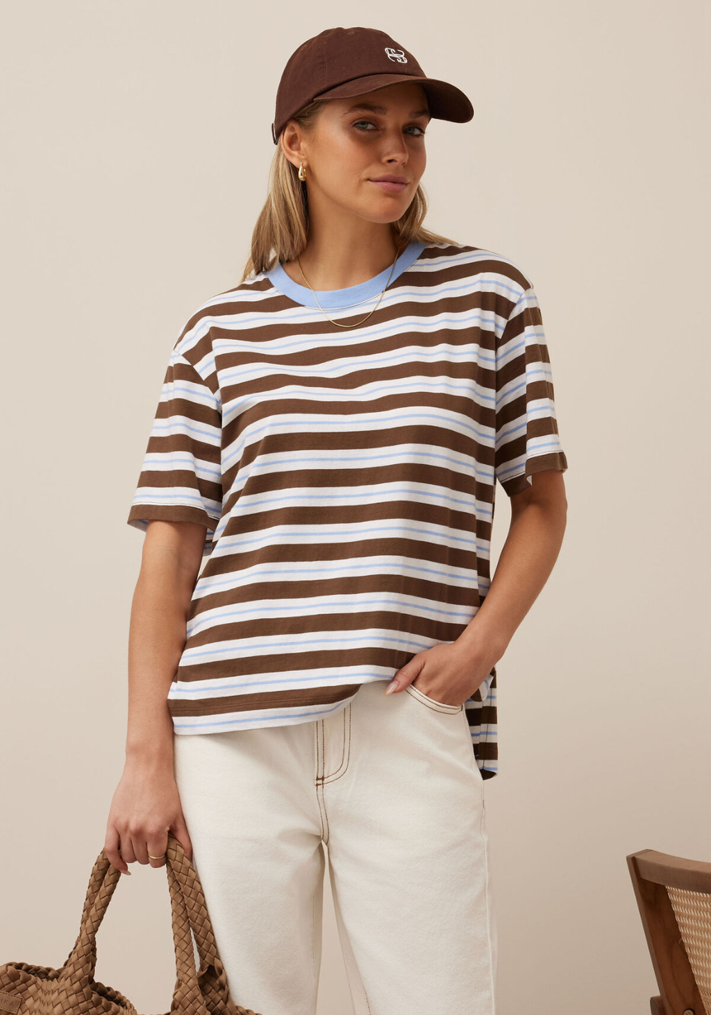 CERES LIFE STEVIE SLOUCHY TEE - COCOA SKY BLUE STRIPE