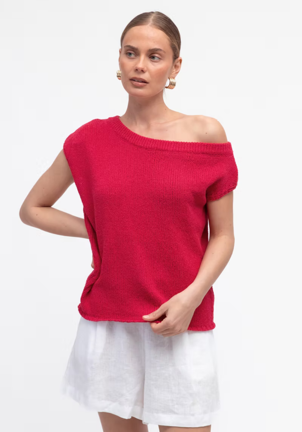 MADISON OFF THE SHOULDER KNIT TOP - RED