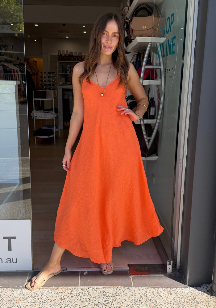 GINA LINEN SLIP DRESS - ORANGE