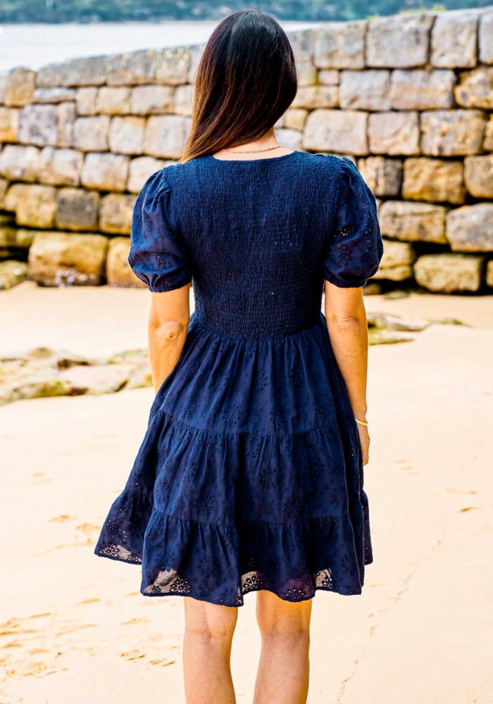 Load image into Gallery viewer, ELIZA COTTON SHIRRED BODICE DRESS - NAVY ANGLASIE