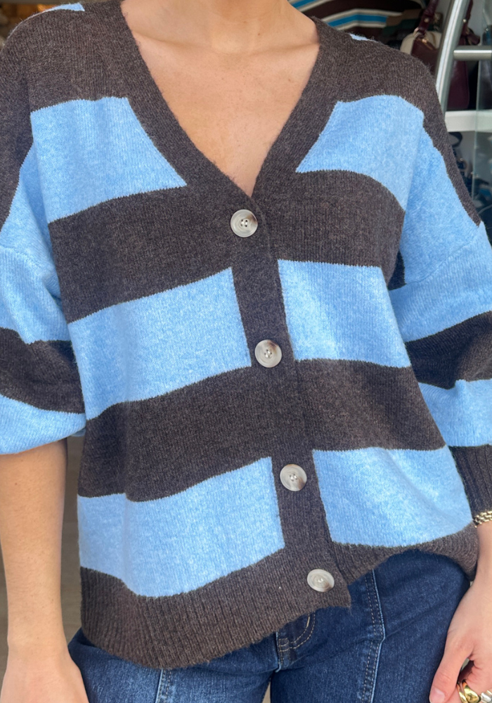 YANA V NECK KNIT - CHOC/BLUE STRIPE