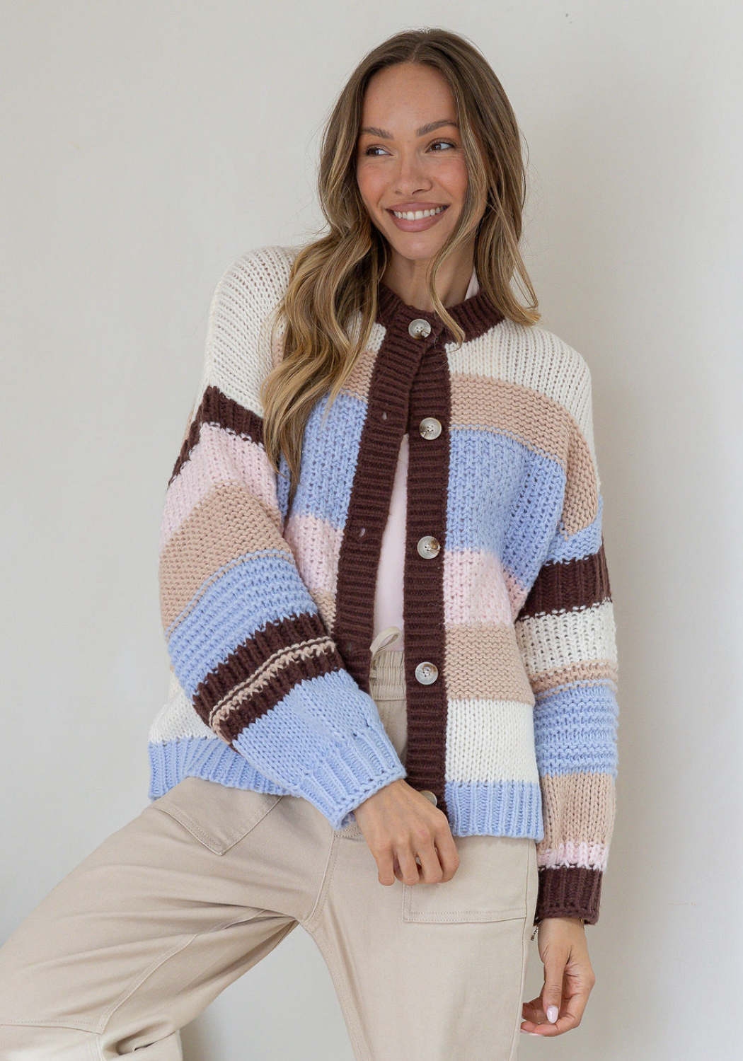 HALLIE KNIT CARDI - CHOC/BLUE STRIPE