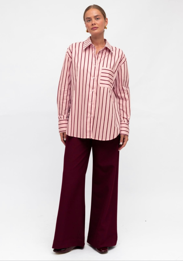 ZANA BUTTON THROUGH SHIRT - PINK AND BURGUNDY STRIPE