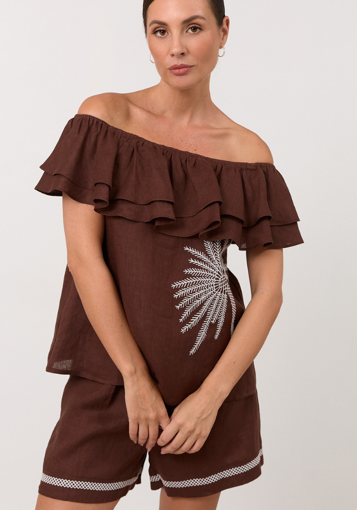 ADORNE SERENA LINEN FRILL TOP - CHOCOLATE