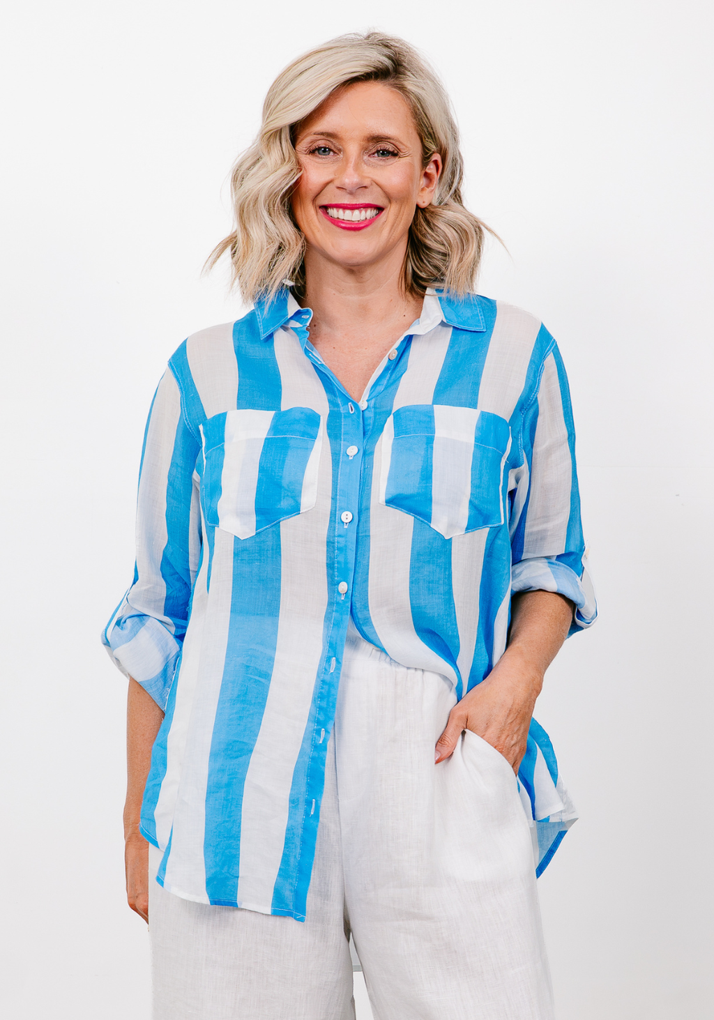 SHAE LINEN SHIRT - BLUE/WHITE STRIPE