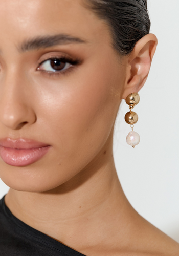 ADORNE PEARL DROP METAL BALL EVENT EARRINGS - GOLD