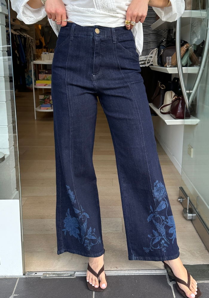 ADORNE BRODY WIDE LEG LASER PRINT PANT - DARK DENIM