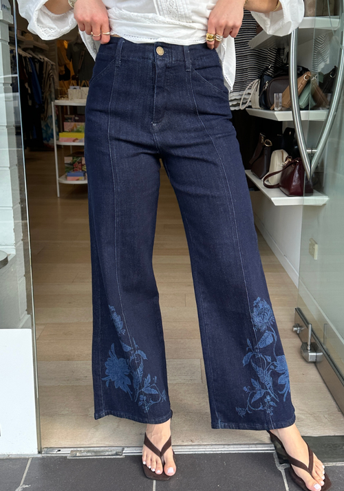 ADORNE BRODY WIDE LEG LASER PRINT PANT - DARK DENIM