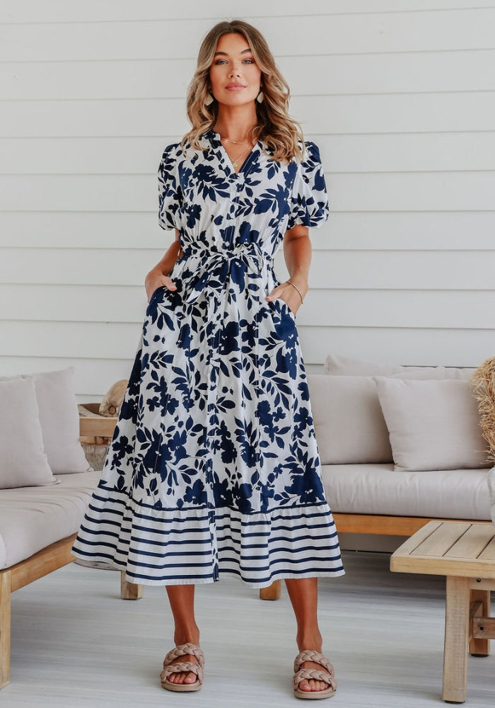 Load image into Gallery viewer, BELKIS BUTTON THROUGH MAXI DRESS - NAVY FLORAL