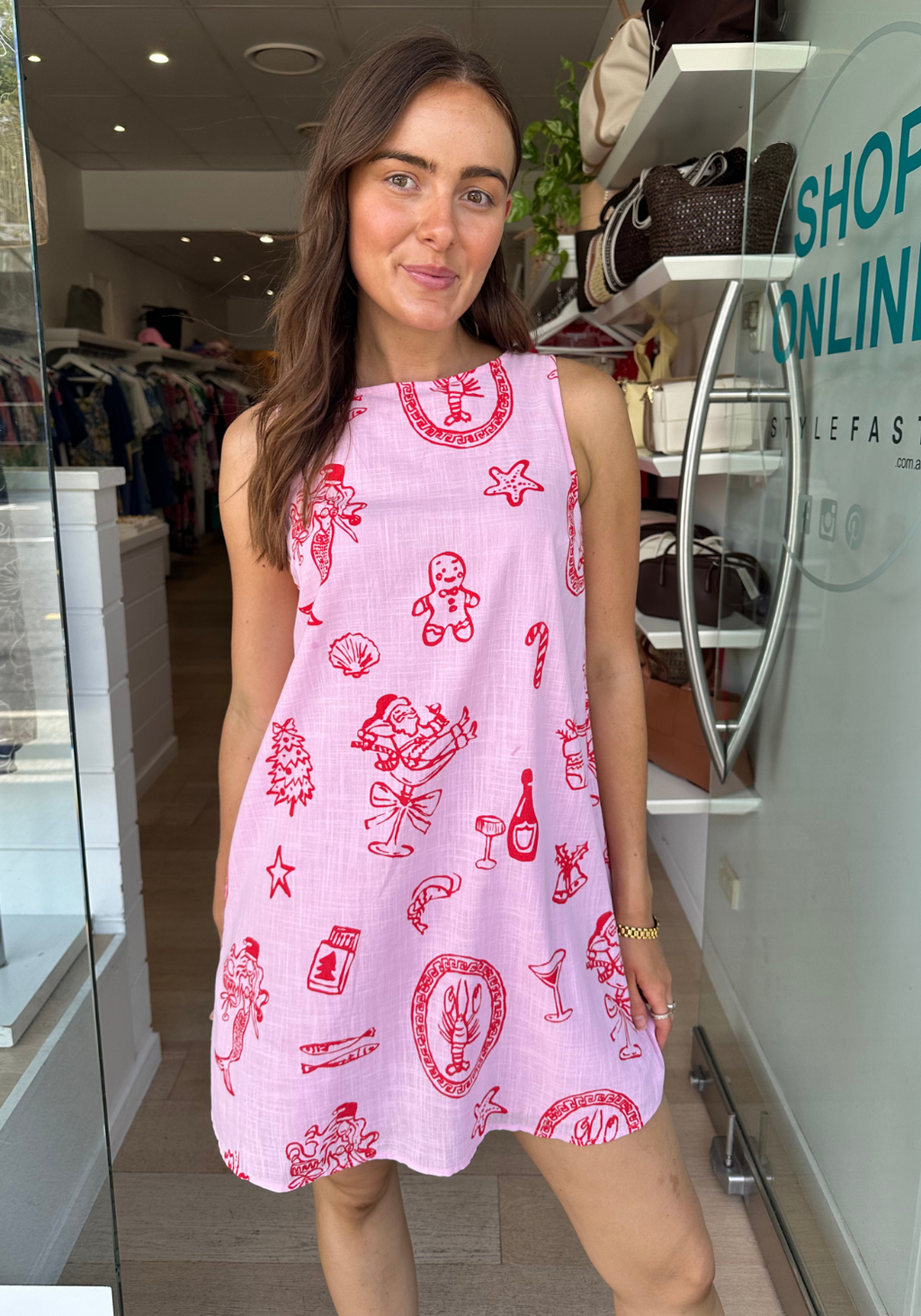 BY FRANKIE ZANA SHIFT DRESS - PINK/RED CHRISTMAS