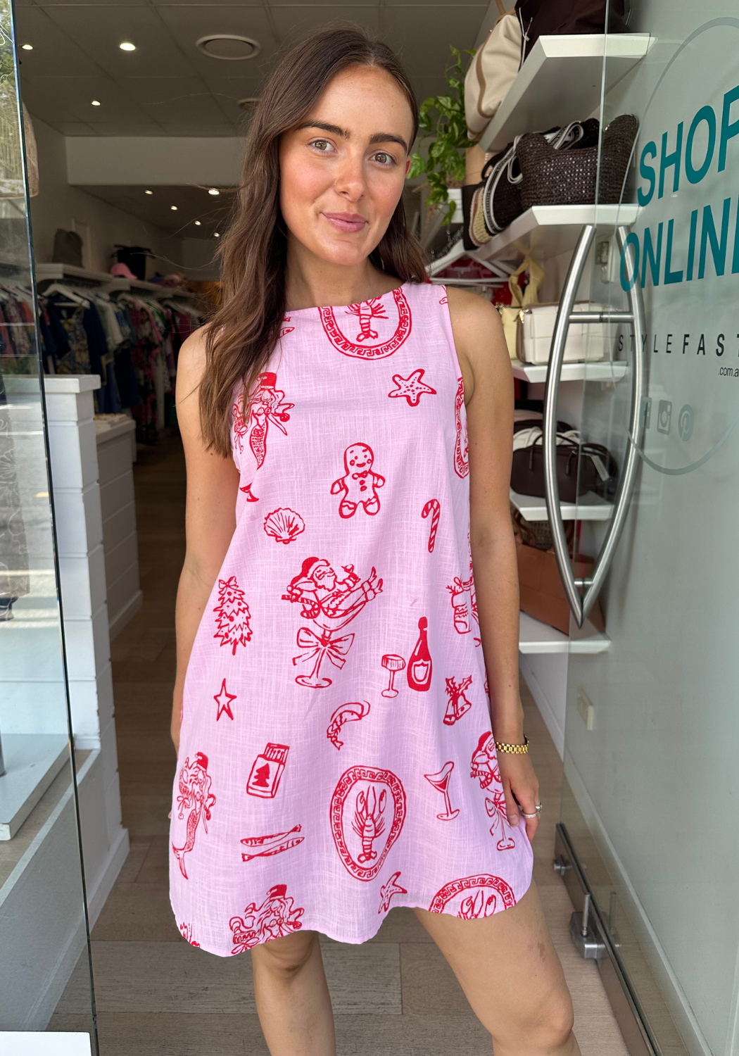 BY FRANKIE ZANA SHIFT DRESS - PINK/RED CHRISTMAS