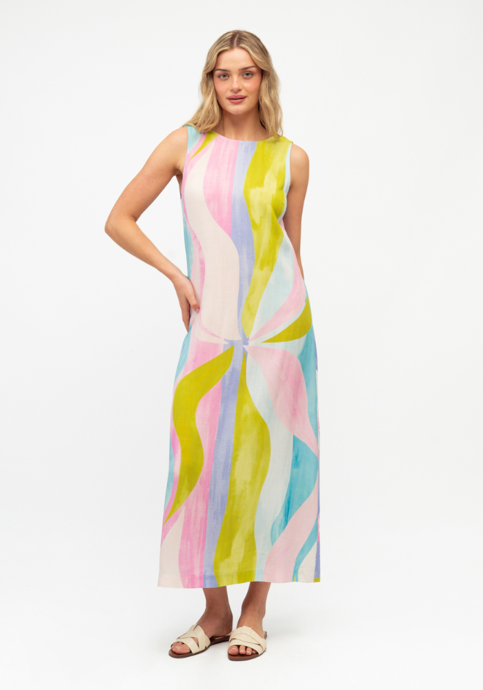 SUNSET RIPPLE MIDI DRESS - MULTI PRINT