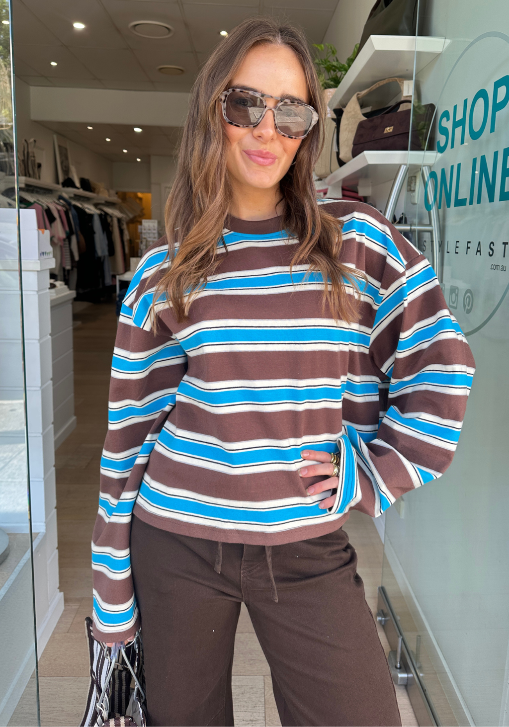 ANDI LONG SLEEVE TEE - CHOC/BLUE