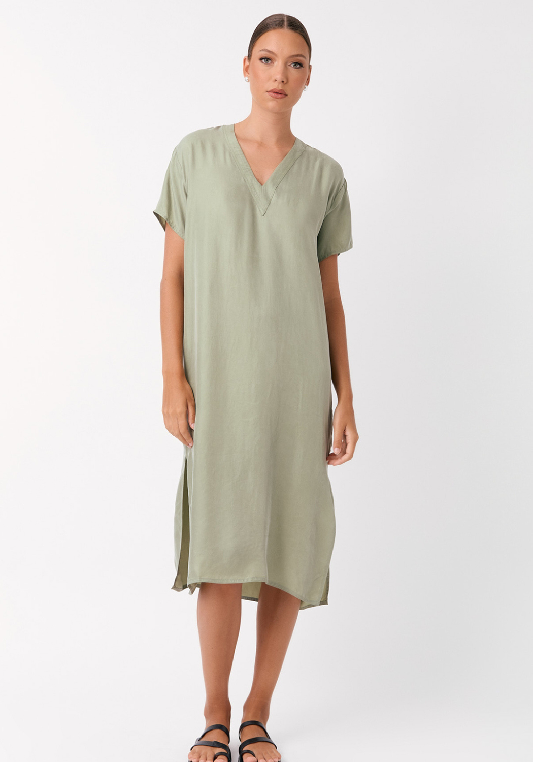 ADORNE GEORGIA V NECK CUPRO MIDI DRESS - KHAKI