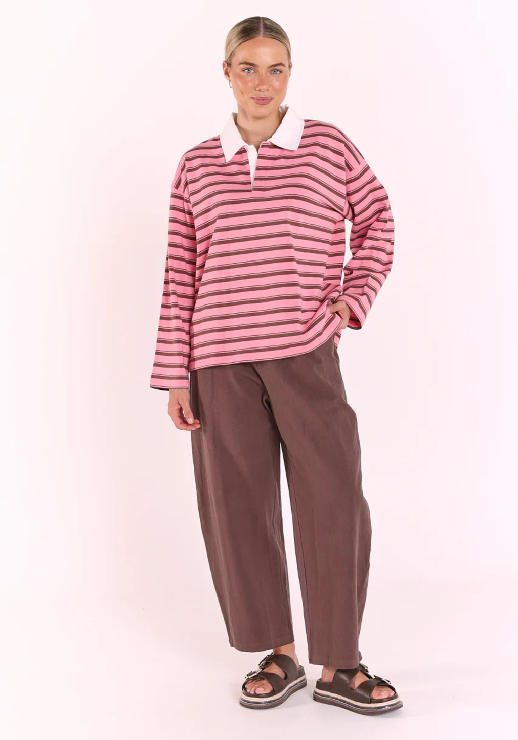 FEATHER + NOISE FINN LONG SLEEVE RUGBY TOP - PINK/CHOC STRIPE