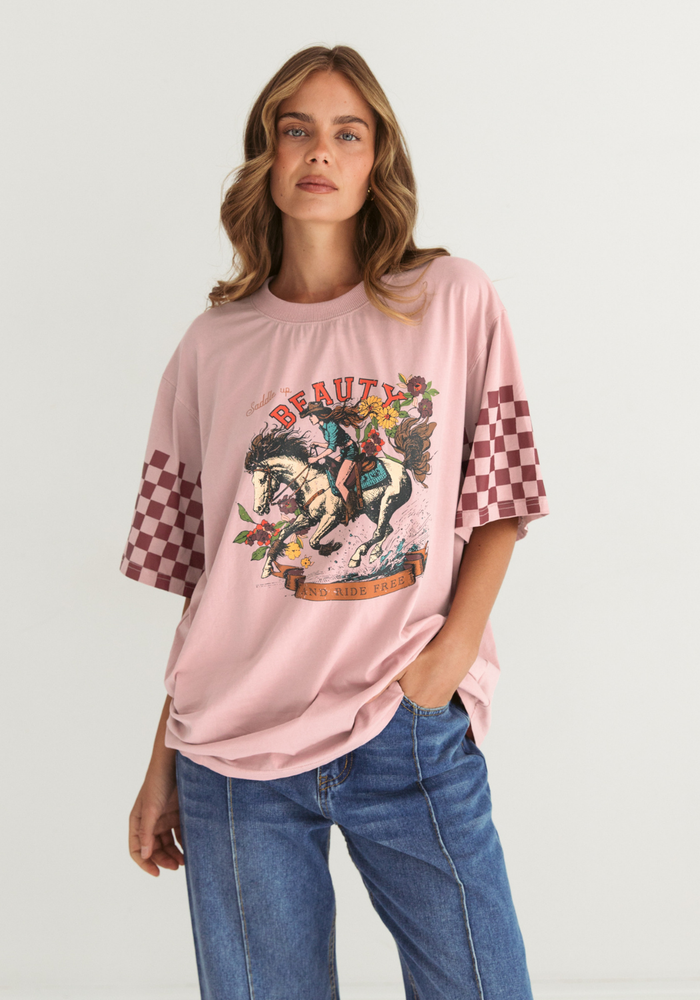VINTAGE OVERSIZED COWBOY TEE - PINK WASH