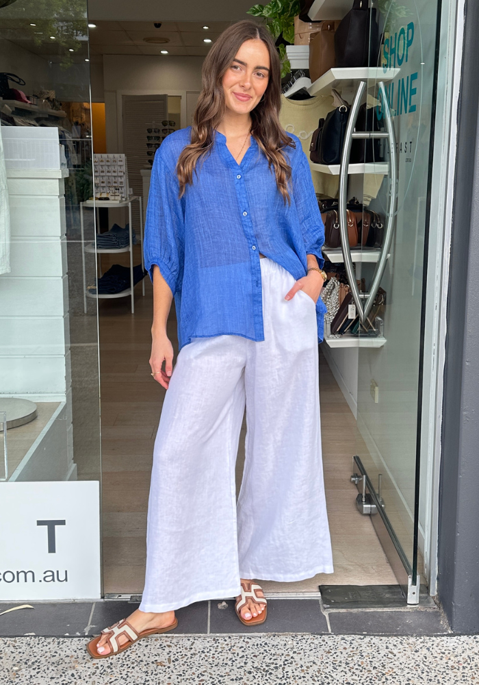 AURORA BUTTON THROUGH LINEN SHIRT - ROYAL BLUE