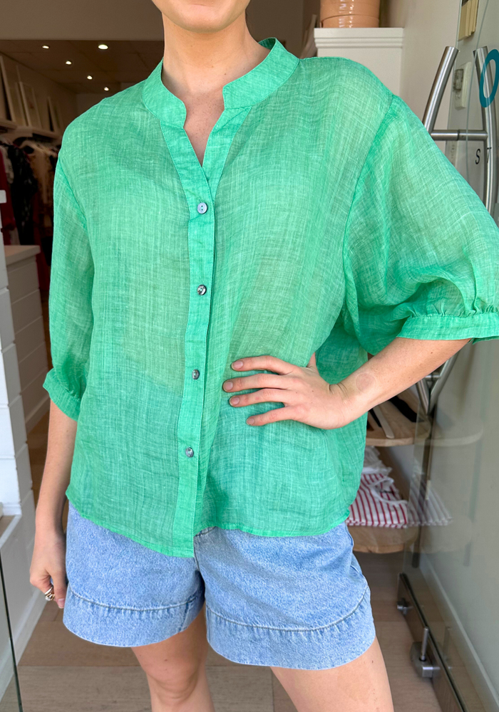 AURORA BUTTON THROUGH LINEN SHIRT - SPRING GREEN