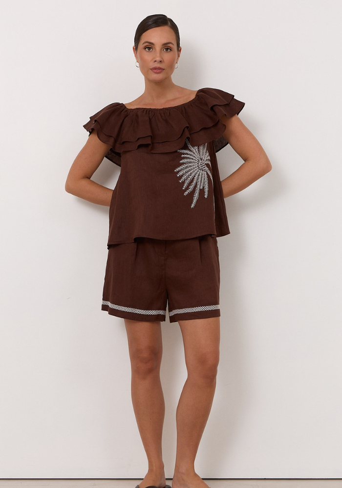 ADORNE SERENA LINEN FRILL TOP - CHOCOLATE