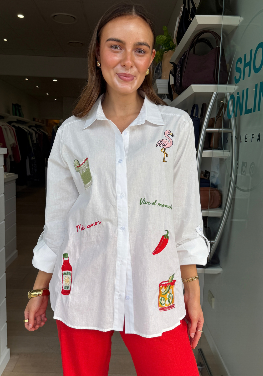 MAS AMORE EMBROIDERED  BUTTON THROUGH SHIRT - WHITE