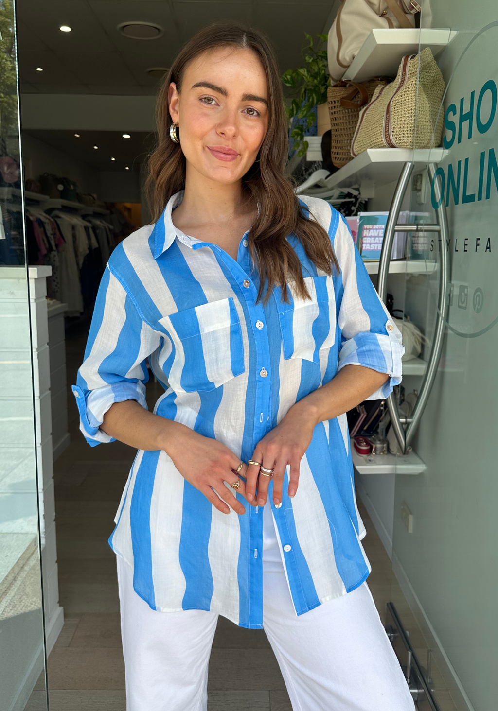 SHAE BUTTON THROUGH SHIRT - BLUE & WHITE STRIPE