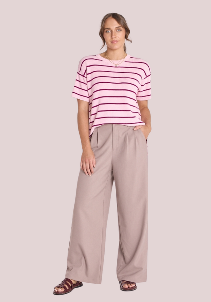 Load image into Gallery viewer, FEATHER + NOISE JASPER KNITTED TEE - PINK &amp; BURGUNDY
