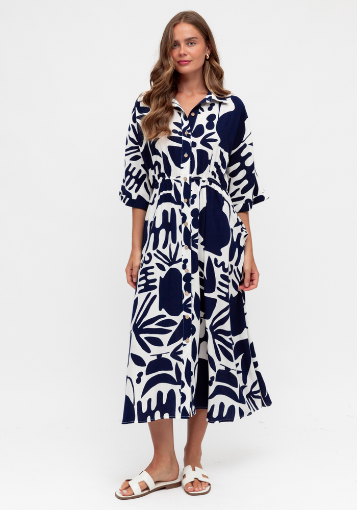 Load image into Gallery viewer, MIRAGE MIDI DRESS - NAVY PRINT