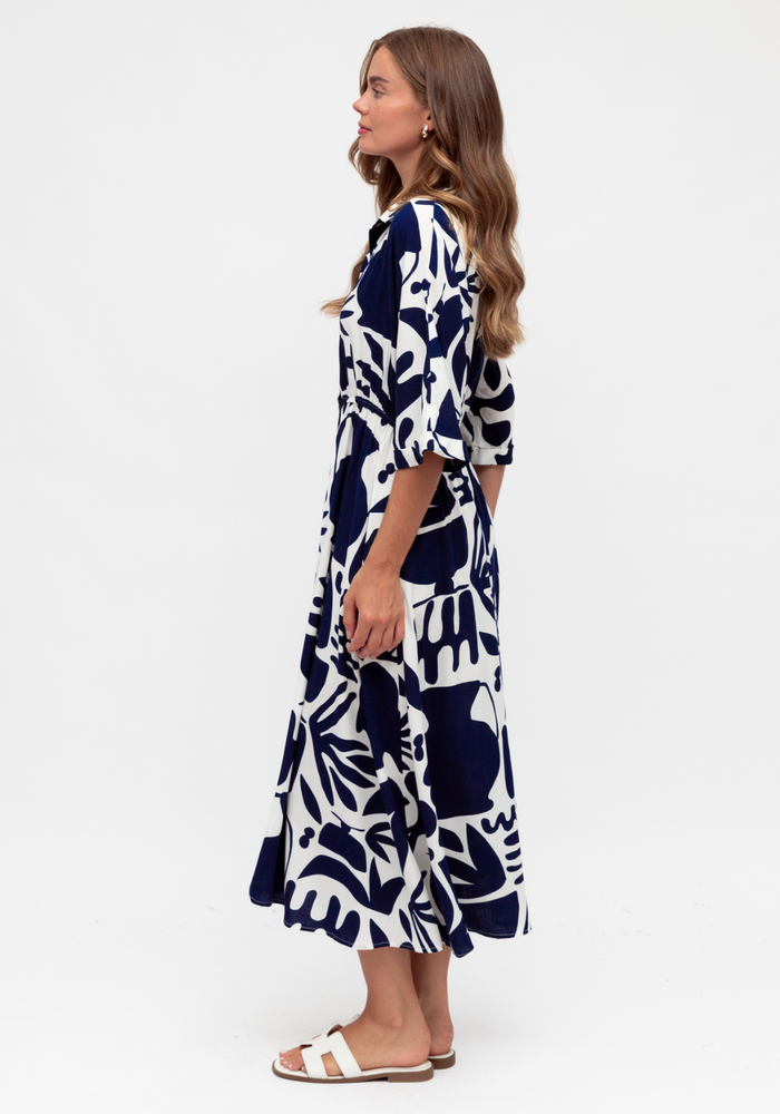 Load image into Gallery viewer, MIRAGE MIDI DRESS - NAVY PRINT