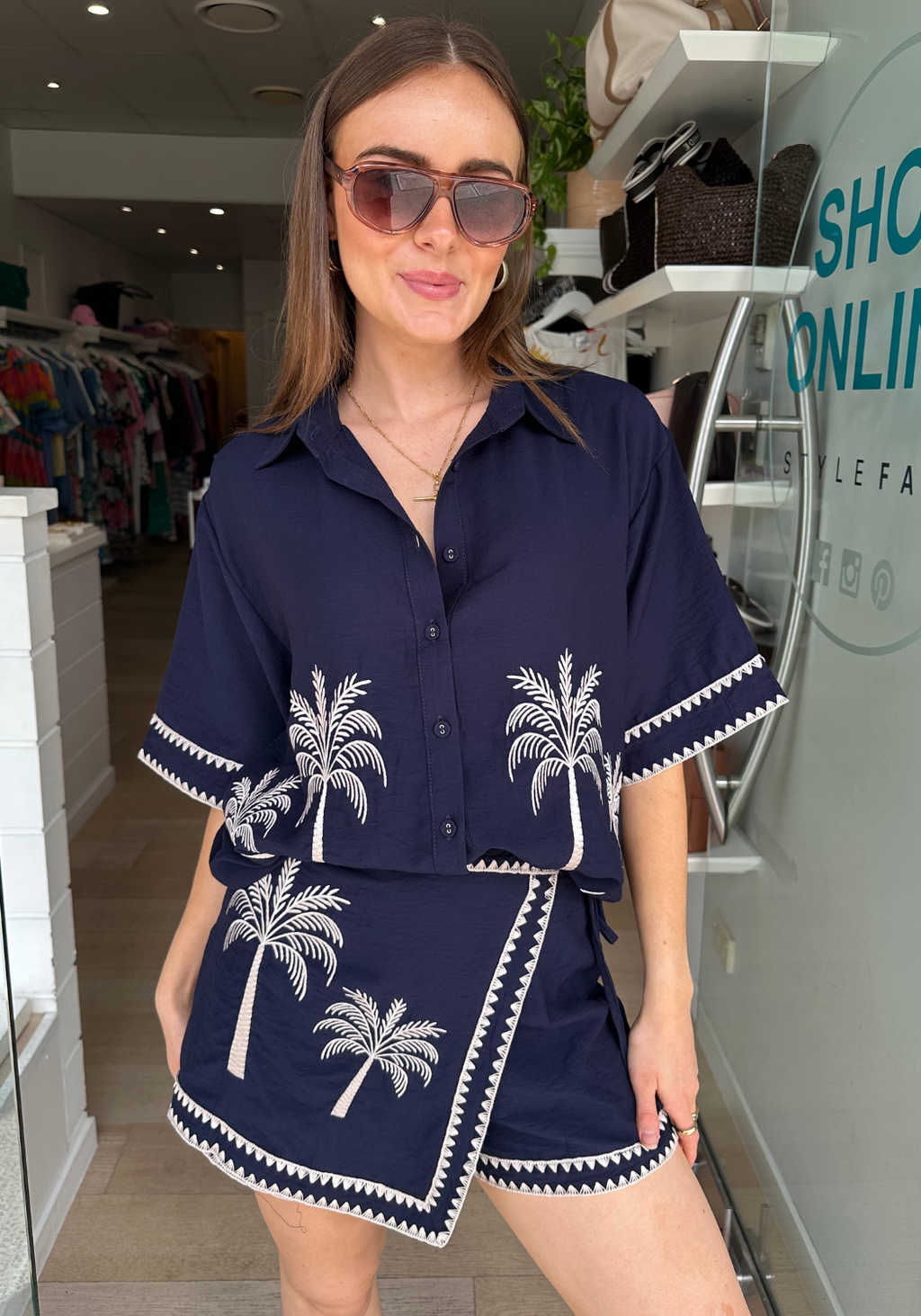 JUNIPER BUTTON THROUGH SHIRT - NAVY EMBROIDERY