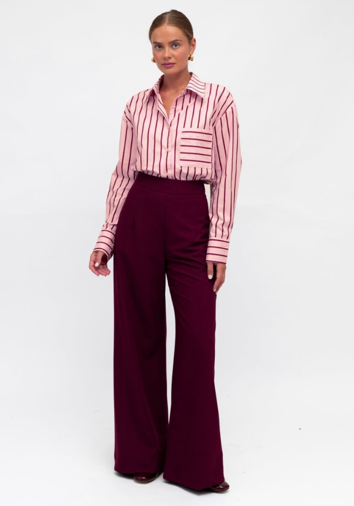 ZANA BUTTON THROUGH SHIRT - PINK AND BURGUNDY STRIPE