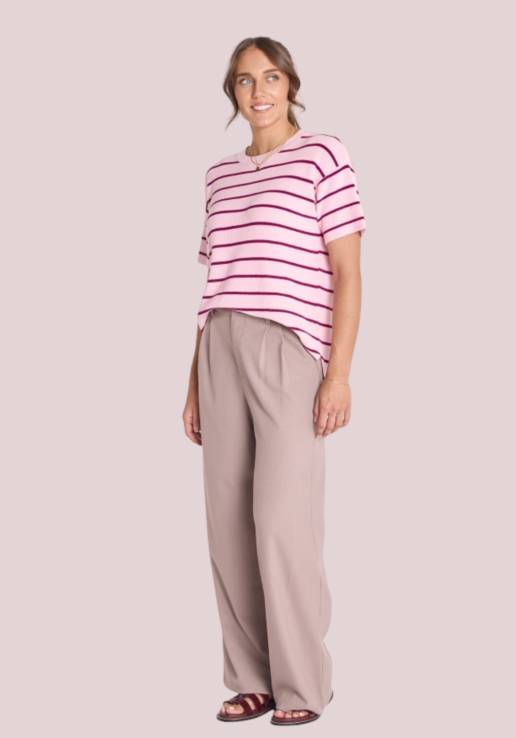 FEATHER + NOISE JASPER KNITTED TEE - PINK & BURGUNDY