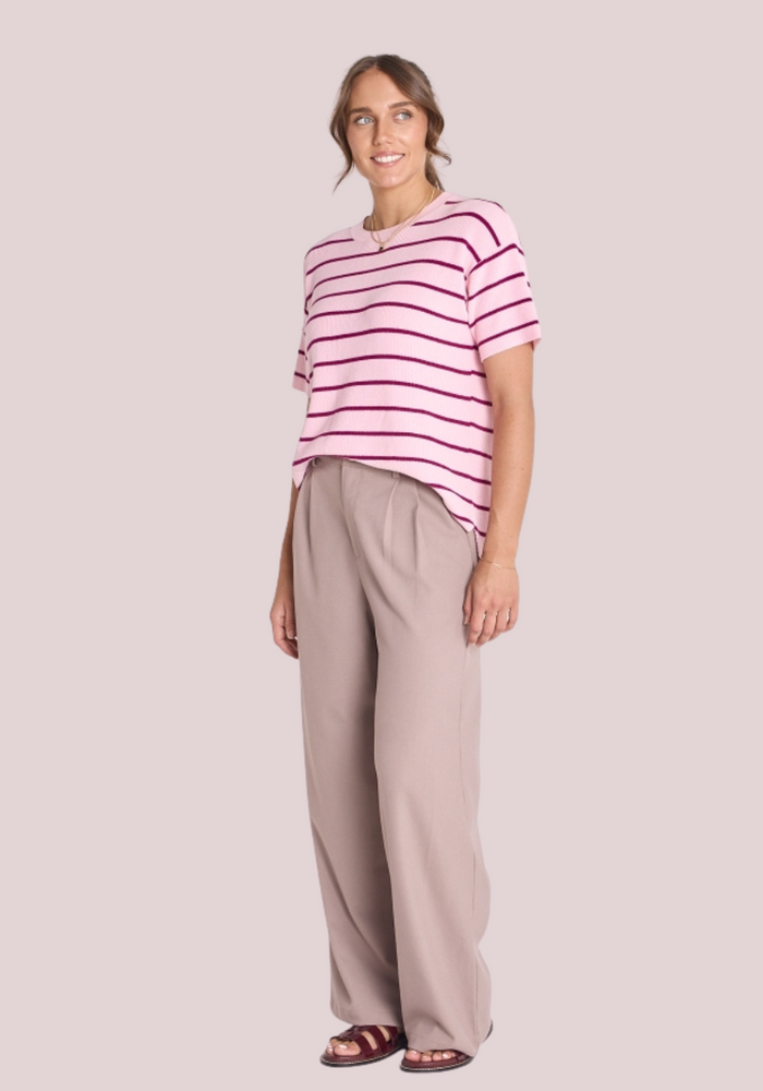 Load image into Gallery viewer, FEATHER + NOISE JASPER KNITTED TEE - PINK &amp; BURGUNDY